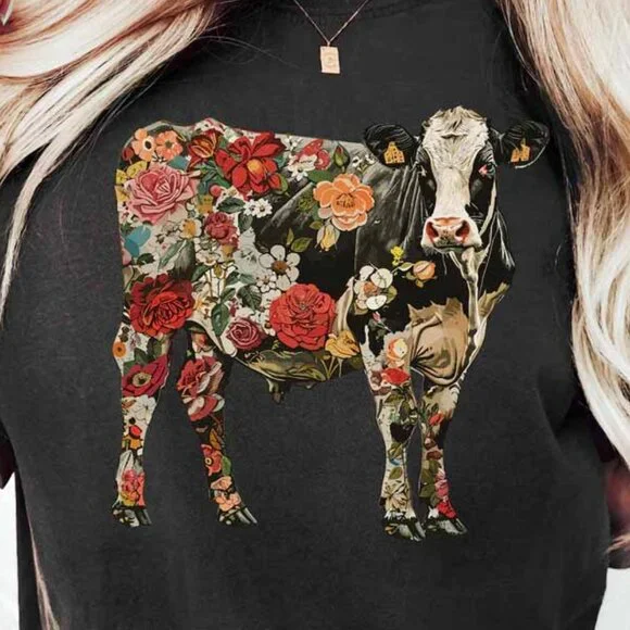 Floral Cow Shirt, Boho Cow Shirt, Retro Farmer Shirt, Cow Lover Gift - Picture 3 of 3